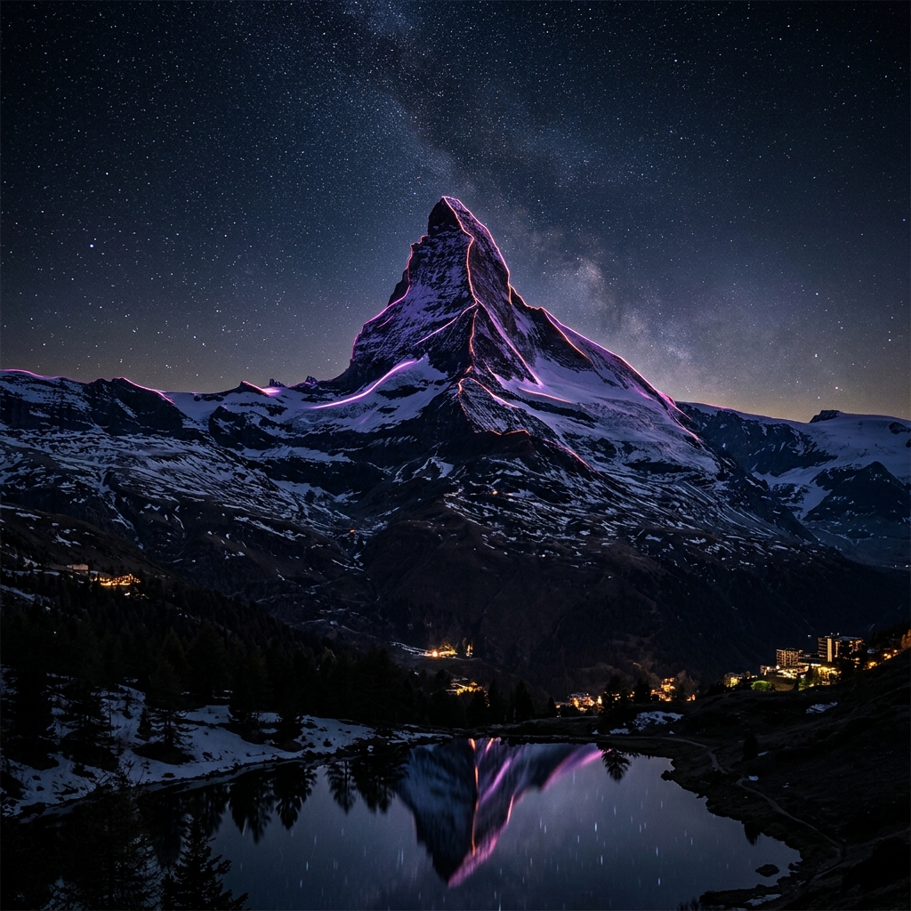 The Matterhorn beneath a star-filled sky, traced with violet light